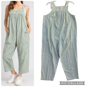 Over the Rainbow Sage Green Striped Overalls Women 8 Cottagecore Crop Jumpsuit